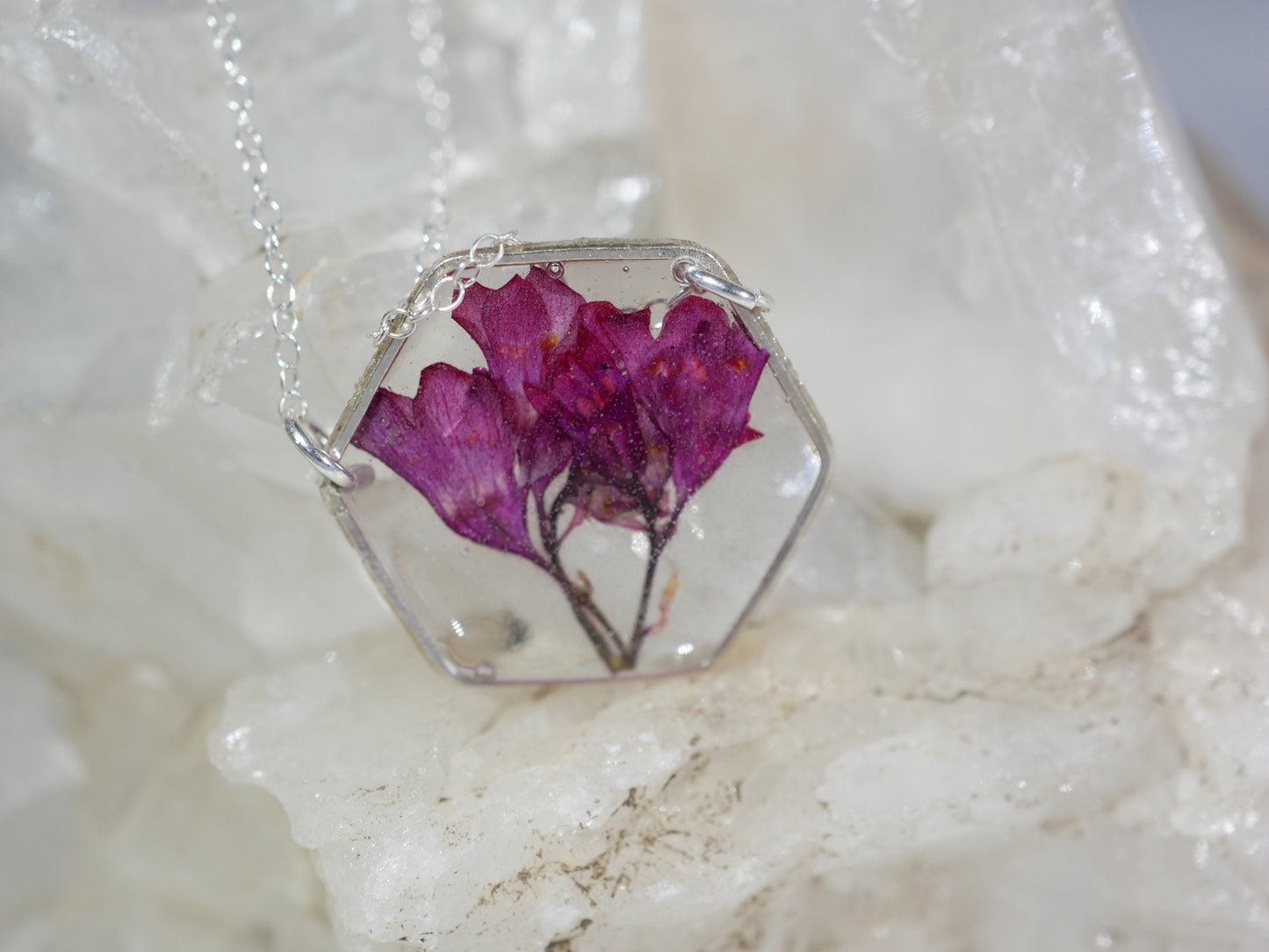 Pressed flower jewelry, coral bell necklace, sterling silver flower, preserved nature, real flower necklace, coral bells, resin