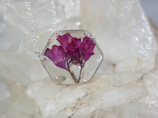 Pressed flower jewelry, coral bell necklace, sterling silver flower, preserved nature, real flower necklace, coral bells, resin