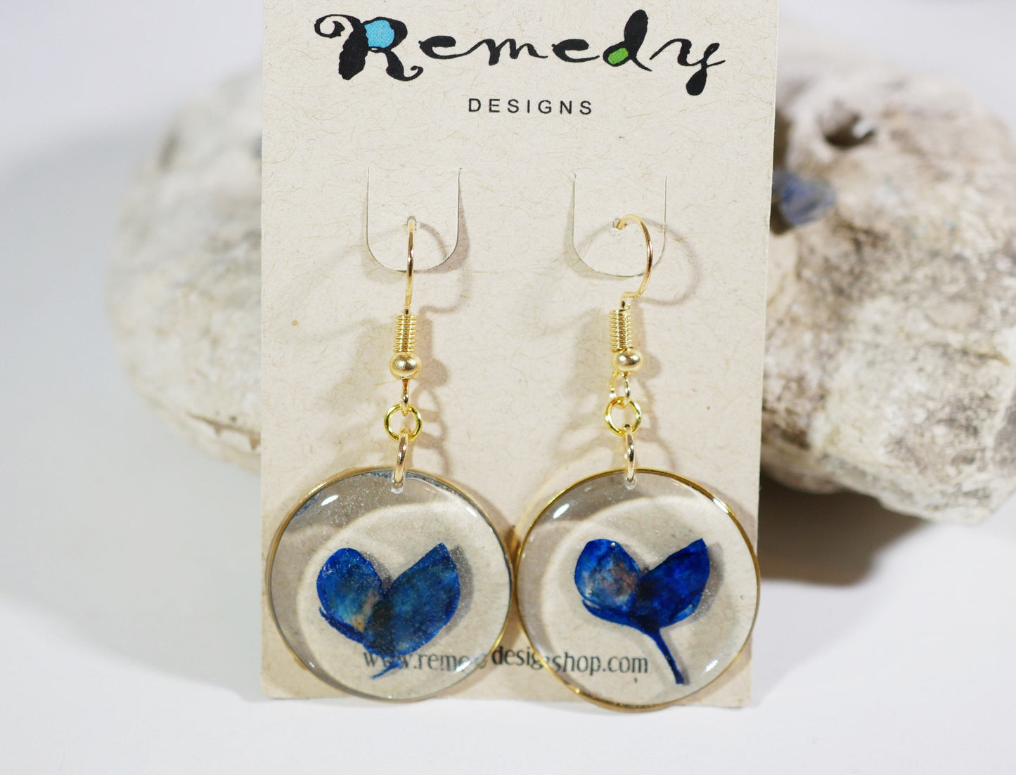 Pressed Bluebonnet Earrings, Real Flowers, Gold Dangles (Handmade)