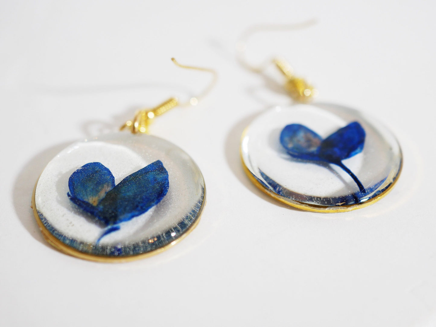 Pressed Bluebonnet Earrings, Real Flowers, Gold Dangles (Handmade)