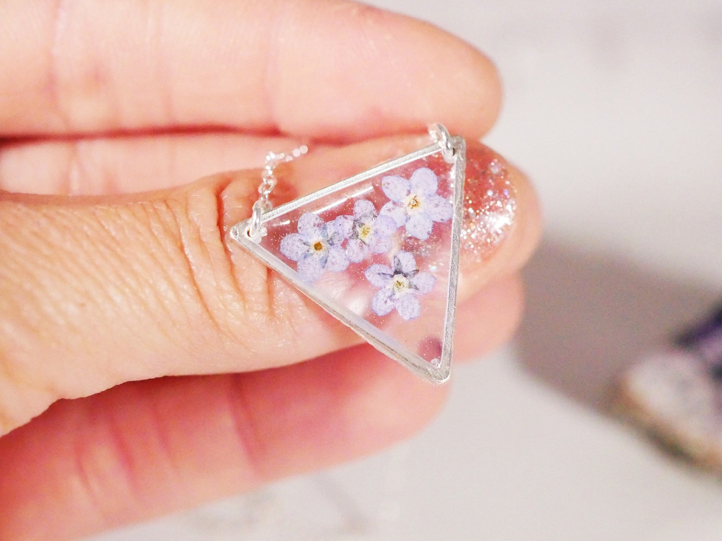 Forget me Not Triangle necklace, Pressed Flower jewelry, Memorial flower necklace