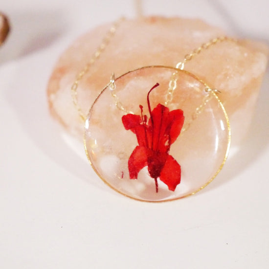 Pressed azalea necklace, Red azalea necklace, real flower necklace Flower terrarium preserved flowers pressed flower jewelry