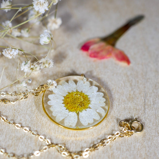 Pressed daisy necklace, botanical necklace, white daisy necklace, pressed flower jewelry botanical terrarium necklace pressed daisy