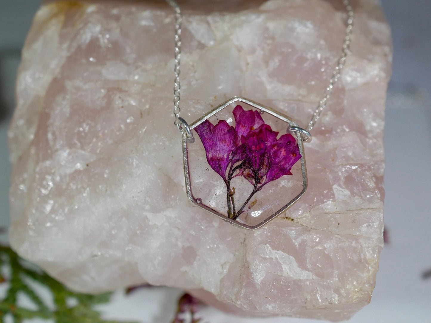 Pressed flower jewelry, coral bell necklace, sterling silver flower, preserved nature, real flower necklace, coral bells, resin