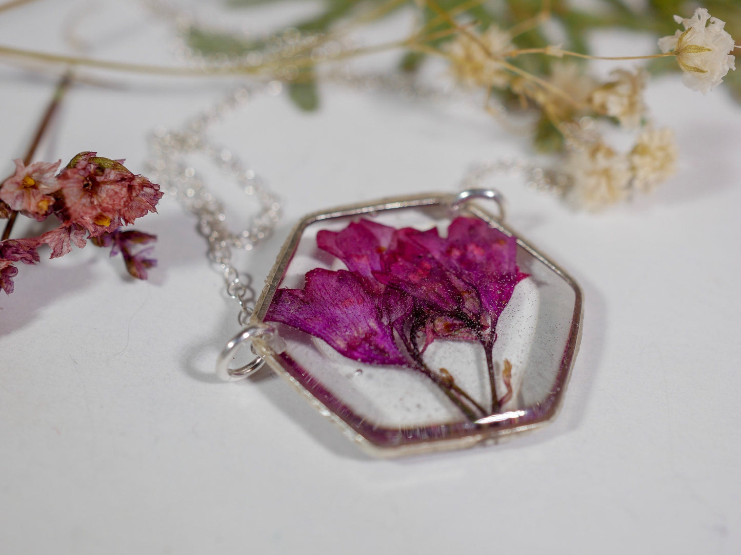 Pressed flower jewelry, coral bell necklace, sterling silver flower, preserved nature, real flower necklace, coral bells, resin