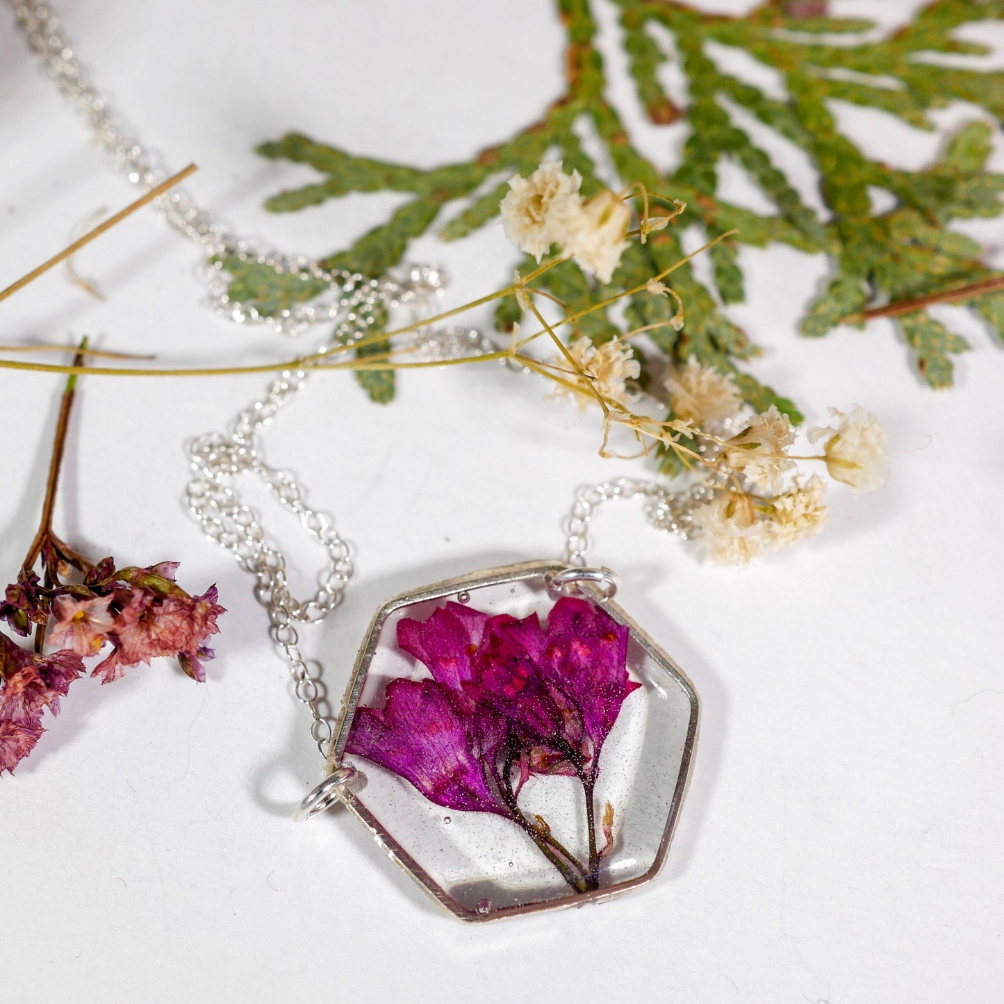 Pressed flower jewelry, coral bell necklace, sterling silver flower, preserved nature, real flower necklace, coral bells, resin