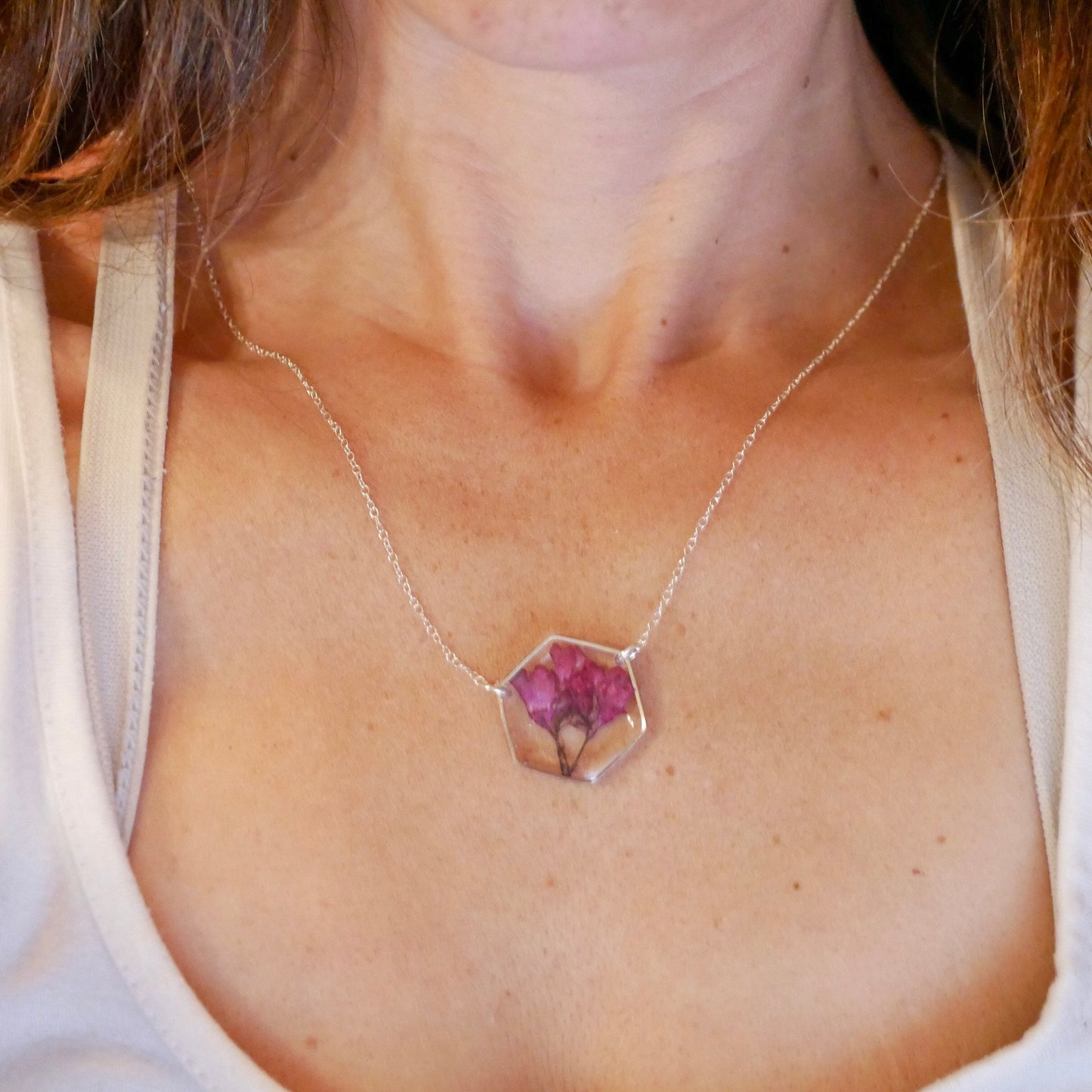 Pressed flower jewelry, coral bell necklace, sterling silver flower, preserved nature, real flower necklace, coral bells, resin