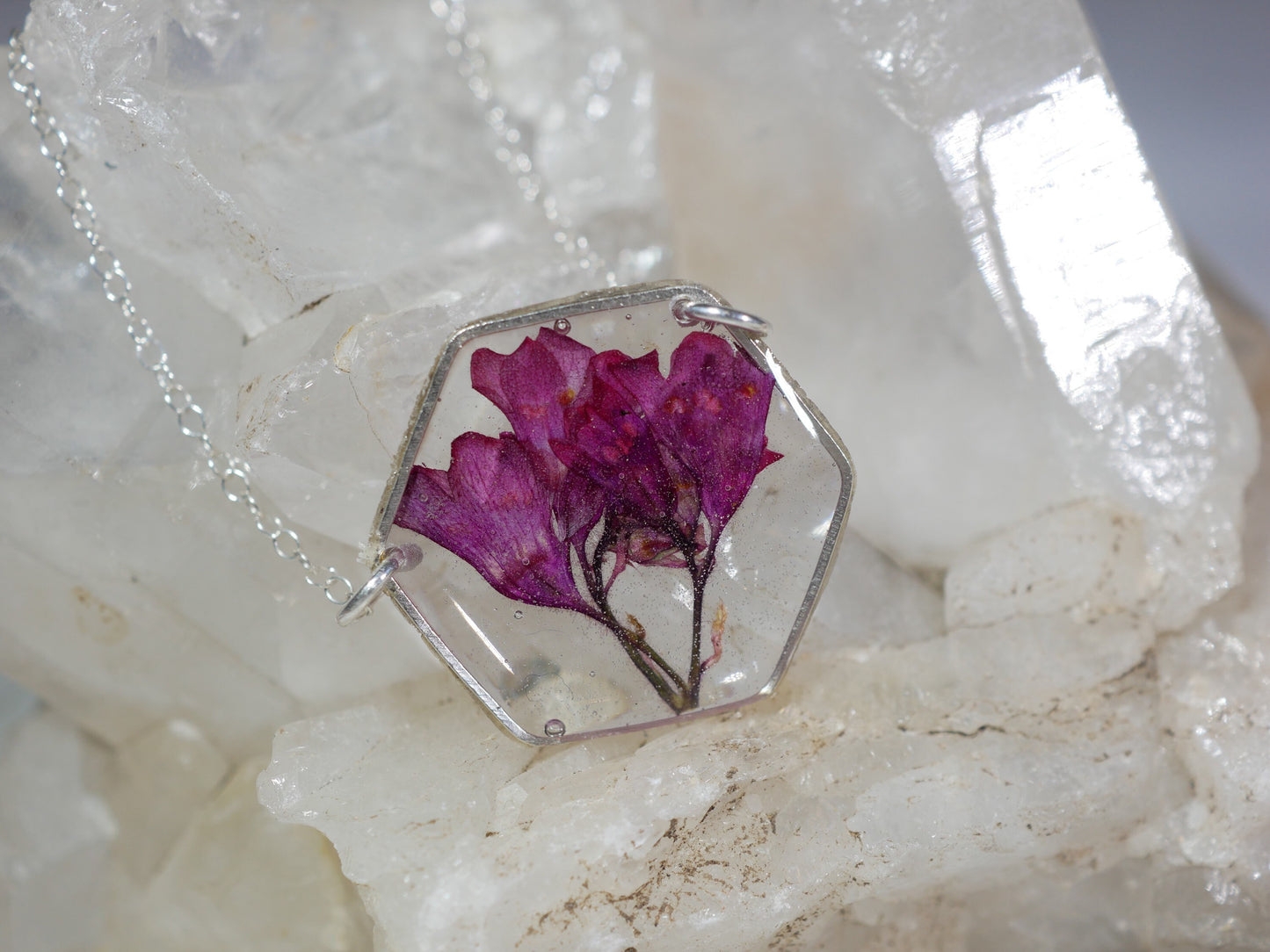 Pressed flower jewelry, coral bell necklace, sterling silver flower, preserved nature, real flower necklace, coral bells, resin