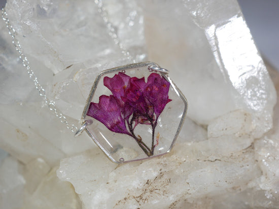 Pressed flower jewelry, coral bell necklace, sterling silver flower, preserved nature, real flower necklace, coral bells, resin
