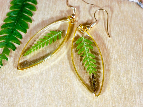 Fern dangle earrings, pressed fern jewelry, botanical jewelry