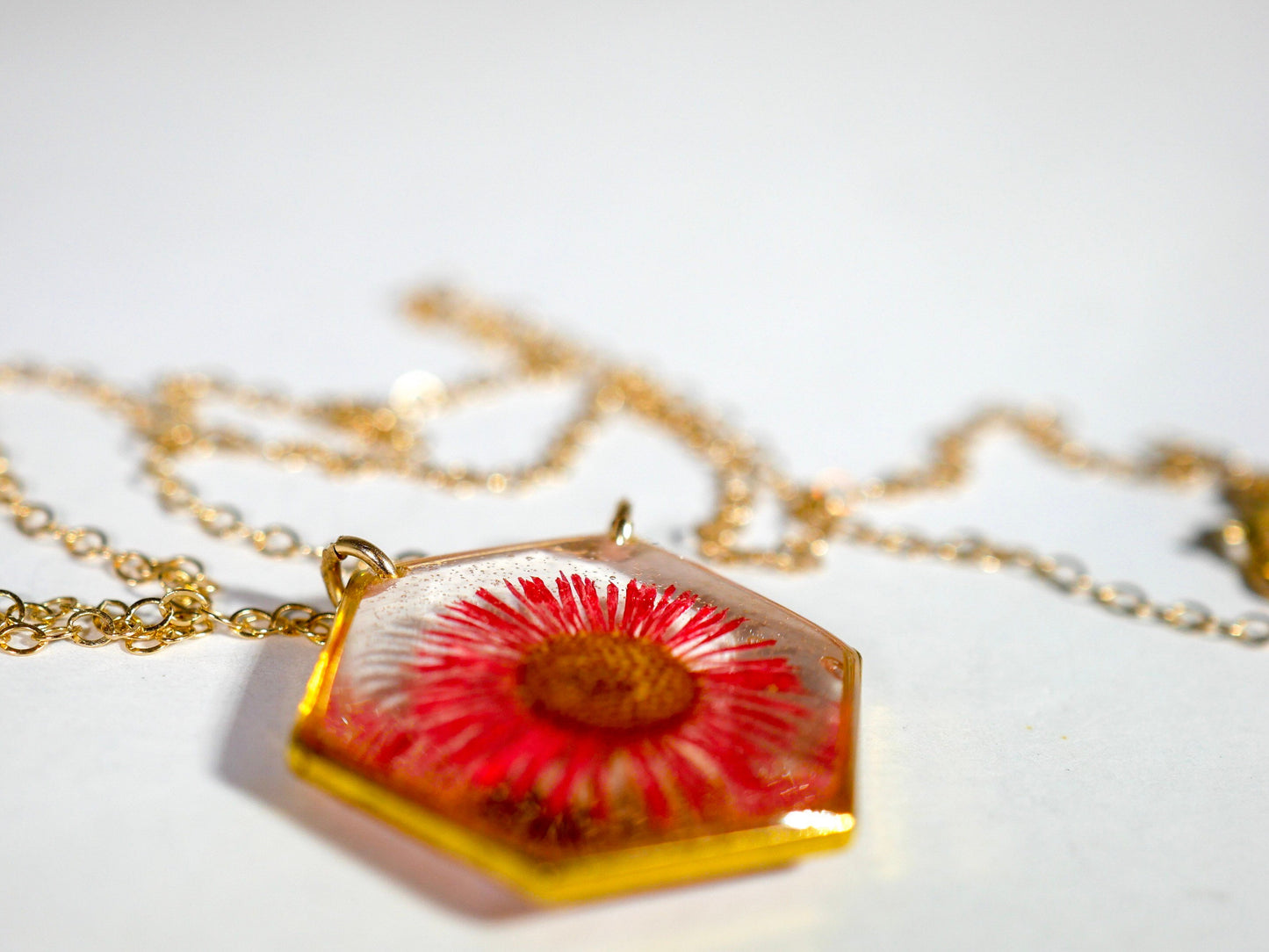 Pressed flower jewelry, pressed red fleabane necklace, preserved nature necklace, pressed flower jewelry, real flower jewelry