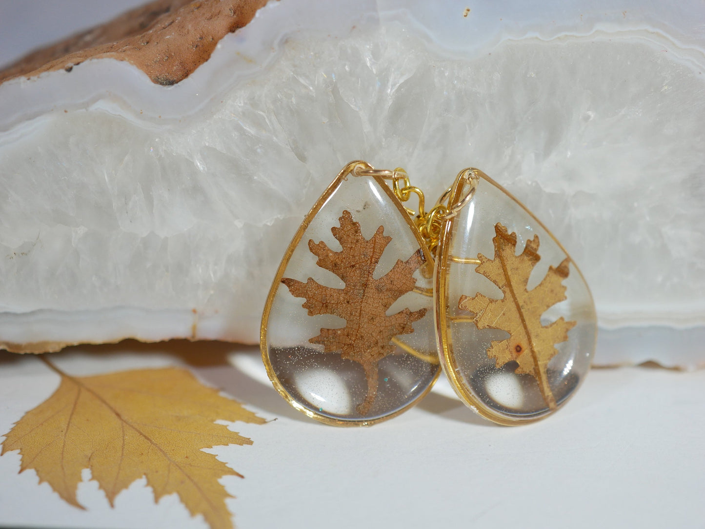 Oak Leaf Earrings: Rustic Fall Jewelry (Handmade Resin, Gold or Silver)