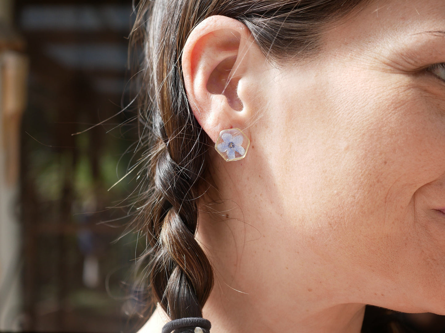 Forget me not Stud earrings, Tiny pressed flower studs,  Wedding day earrings, pressed flower jewelry, hexagon stud earrings