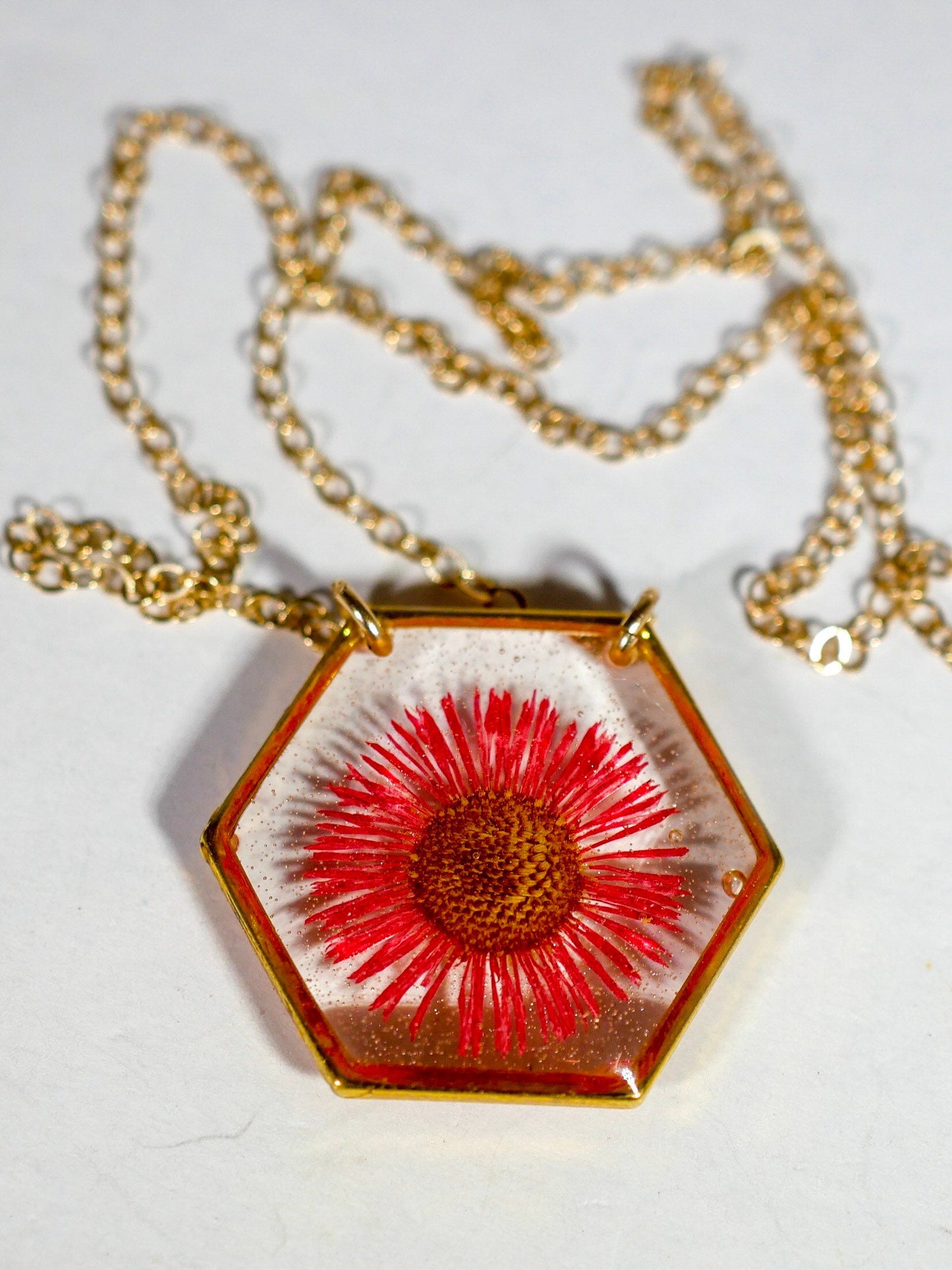 Pressed flower jewelry, pressed red fleabane necklace, preserved nature necklace, pressed flower jewelry, real flower jewelry