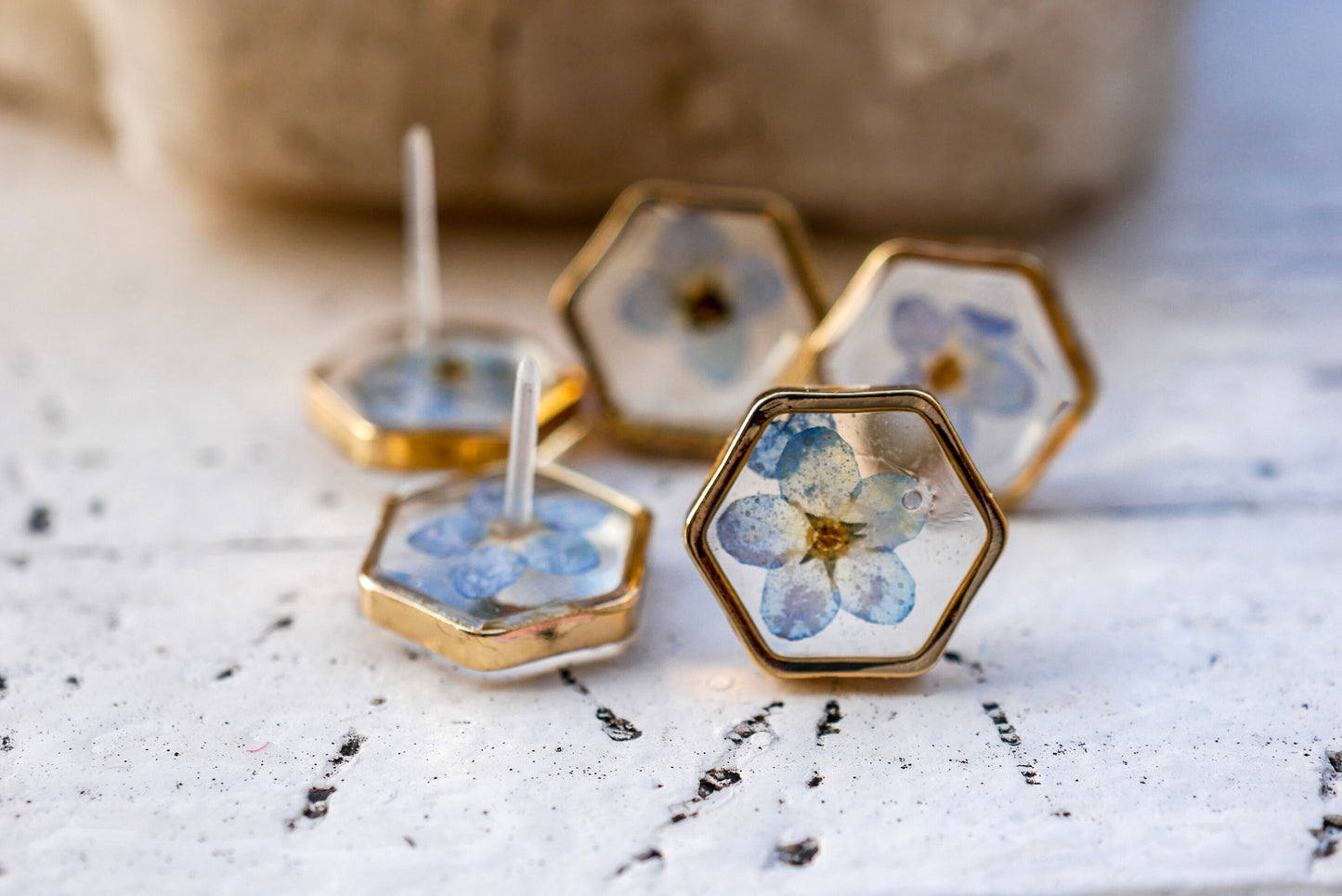 Forget me not Stud earrings, Tiny pressed flower studs,  Wedding day earrings, pressed flower jewelry, hexagon stud earrings
