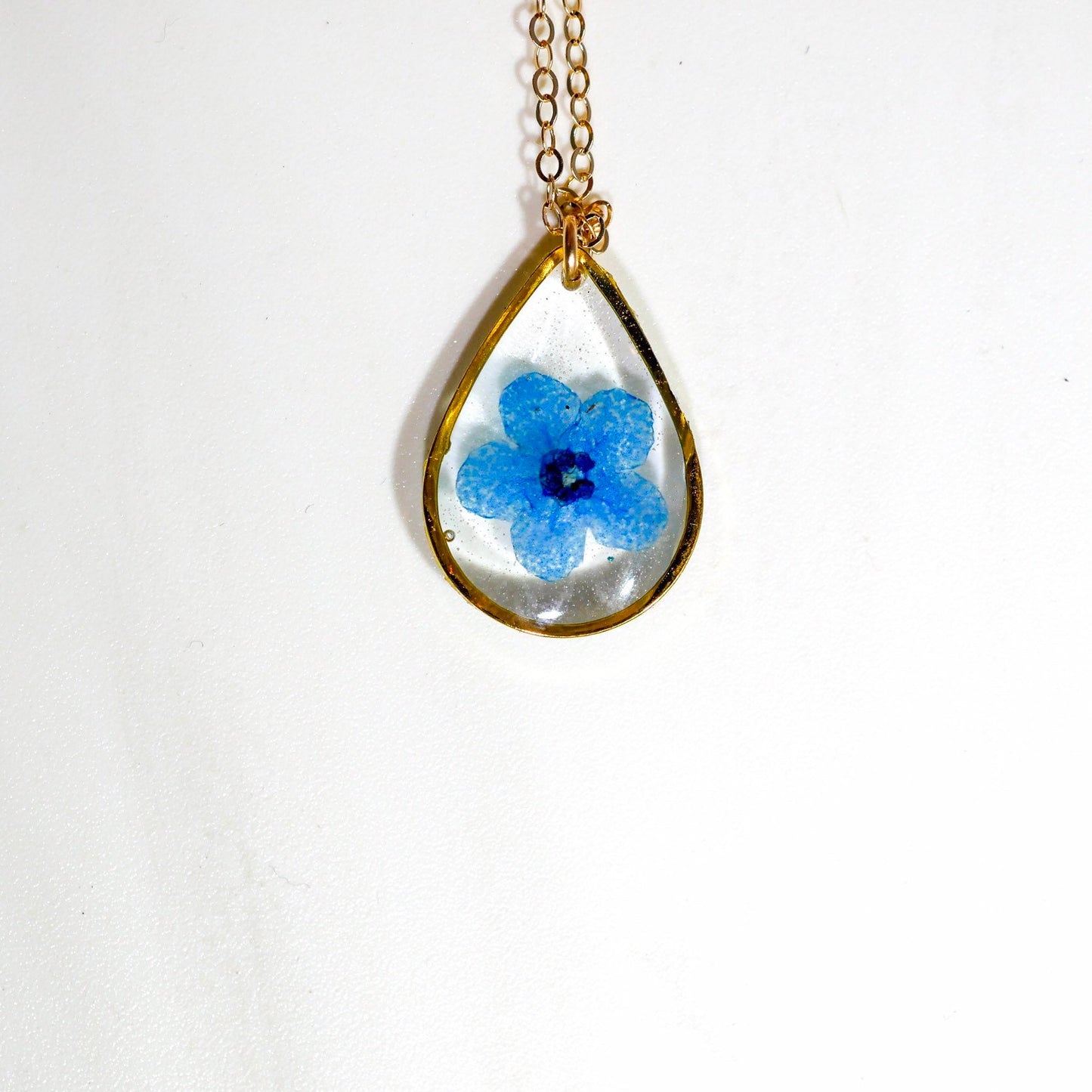 Forget me not teardrop necklace, dainty botanical jewelry, Memorial jewelry, Something blue brides charm, Real flower terrarium