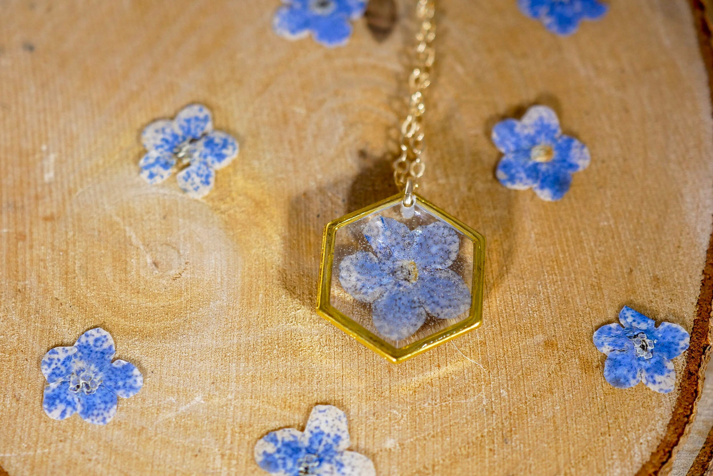 Tiny forget me not necklace, hexagon necklace, pressed flower jewelry, Memorial jewelry, Something blue brides charm, Real flower terrarium