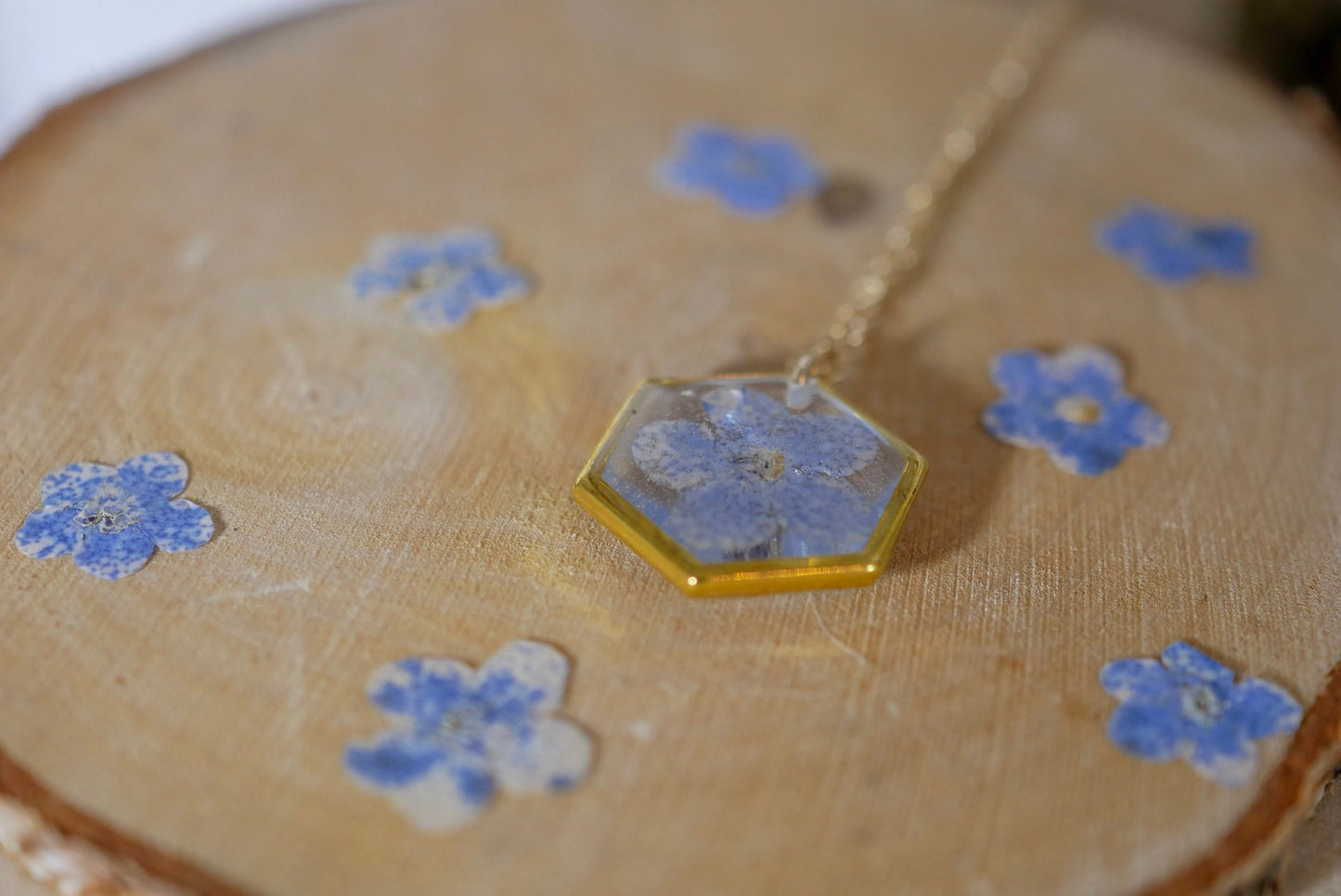 Tiny forget me not necklace, hexagon necklace, pressed flower jewelry, Memorial jewelry, Something blue brides charm, Real flower terrarium