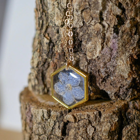 Tiny forget me not necklace, hexagon necklace, pressed flower jewelry, Memorial jewelry, Something blue brides charm, Real flower terrarium