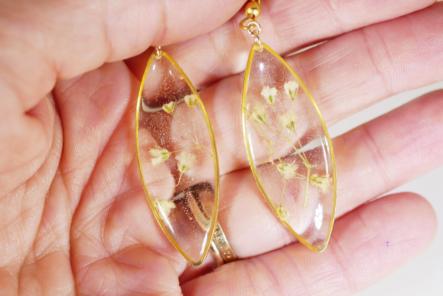 Ellipse Terrarium Earrings: Pressed Babys Breath (Gold Plated Brass)