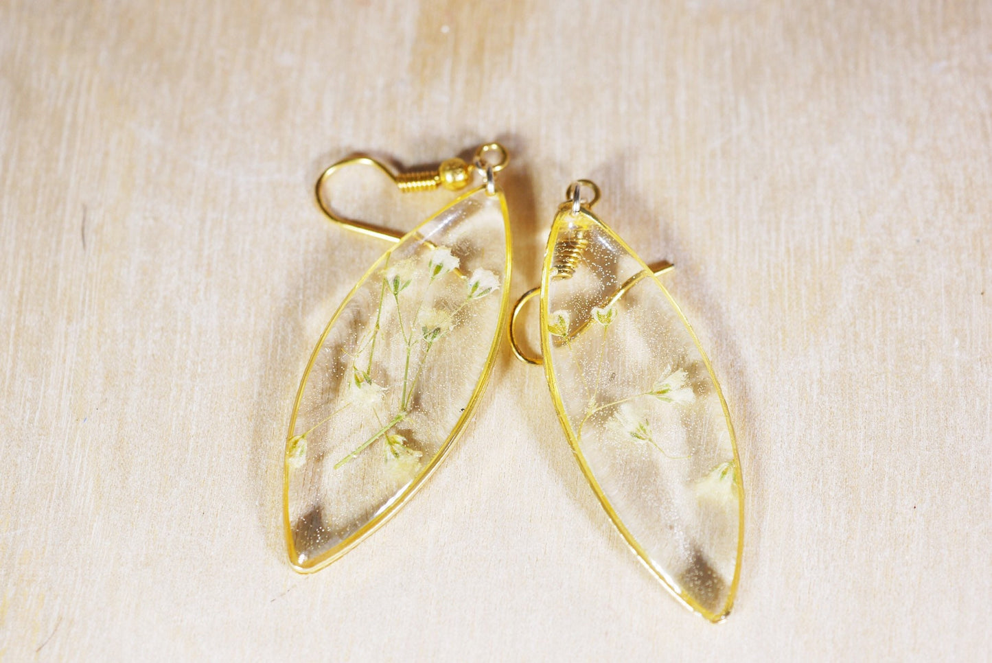 Ellipse Terrarium Earrings: Pressed Babys Breath (Gold Plated Brass)
