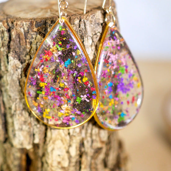 Large Flower confetti tear drop earrings, pressed flower jewelry, bright flower statement dangle earrings, real flower earrings