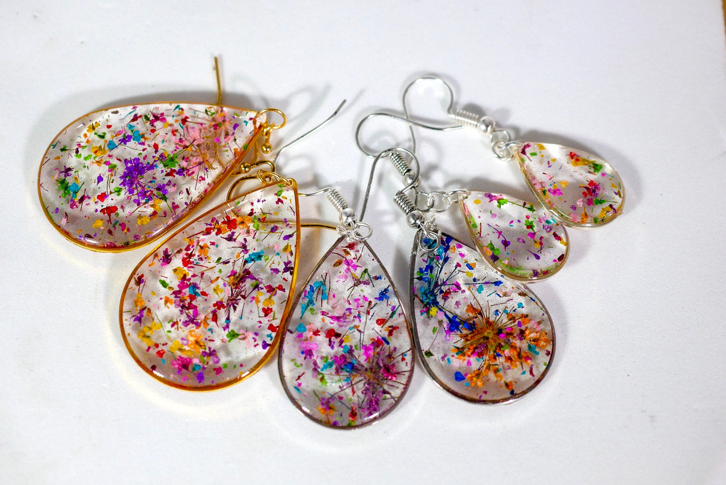 Large Flower confetti tear drop earrings, pressed flower jewelry, bright flower statement dangle earrings, real flower earrings