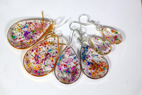 Large Flower confetti tear drop earrings, pressed flower jewelry, bright flower statement dangle earrings, real flower earrings