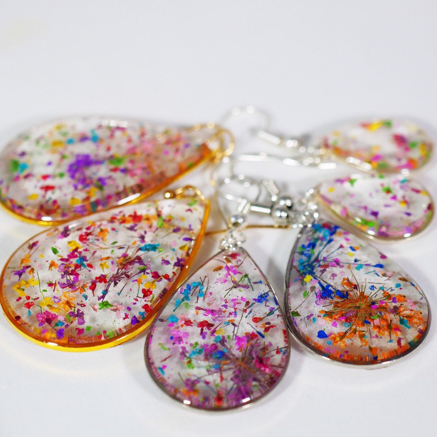 Large Flower confetti tear drop earrings, pressed flower jewelry, bright flower statement dangle earrings, real flower earrings