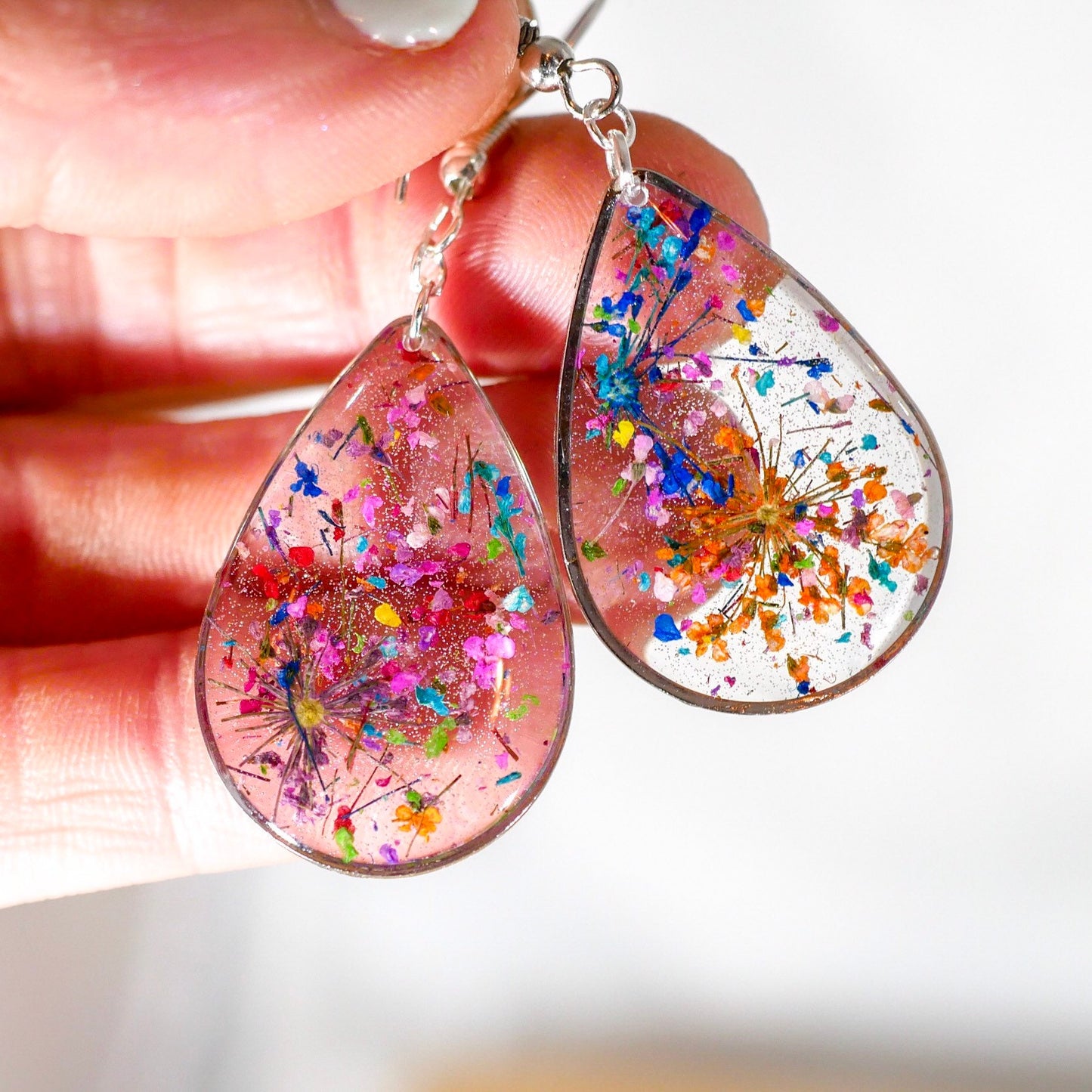 Flower confetti teardrop earrings, pressed flower jewelry, bright flower dangle earrings, real flower earrings