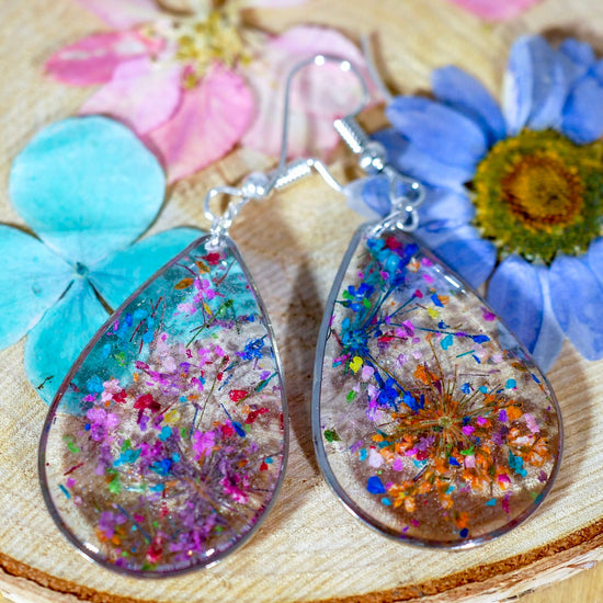 Flower confetti teardrop earrings, pressed flower jewelry, bright flower dangle earrings, real flower earrings