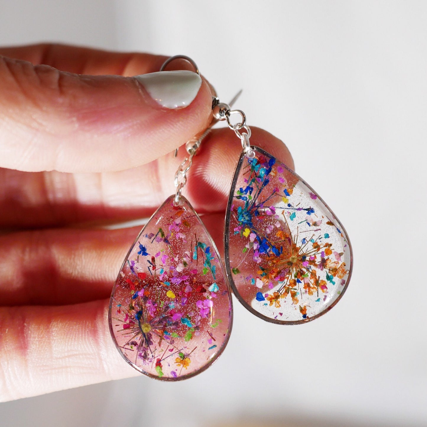 Flower confetti teardrop earrings, pressed flower jewelry, bright flower dangle earrings, real flower earrings
