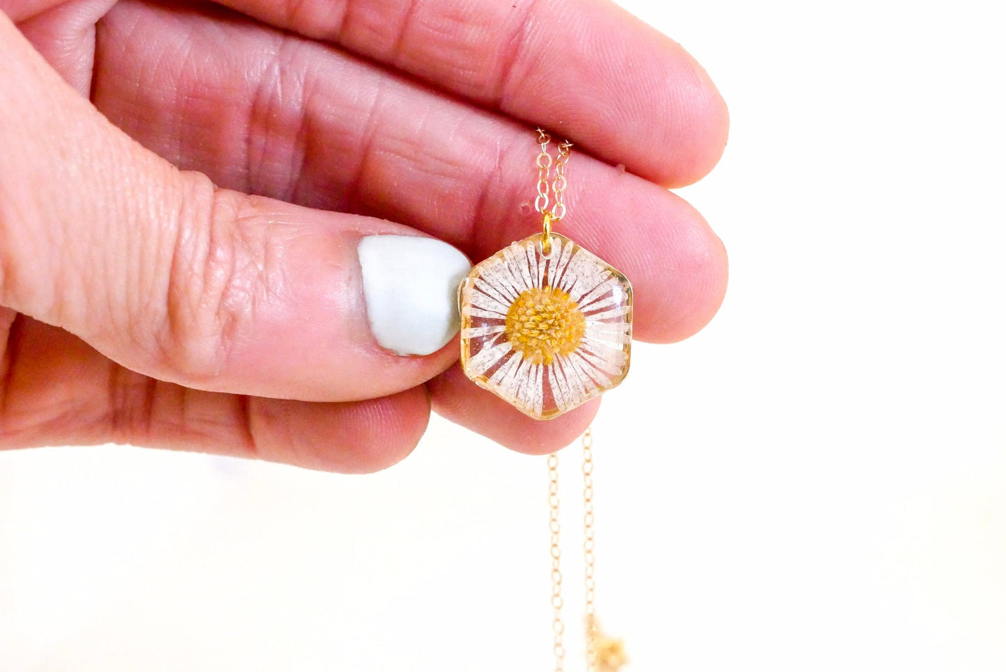 Tiny English Daisy necklace, hexagon fleabane necklace, botanical jewelry, Real flower terrarium