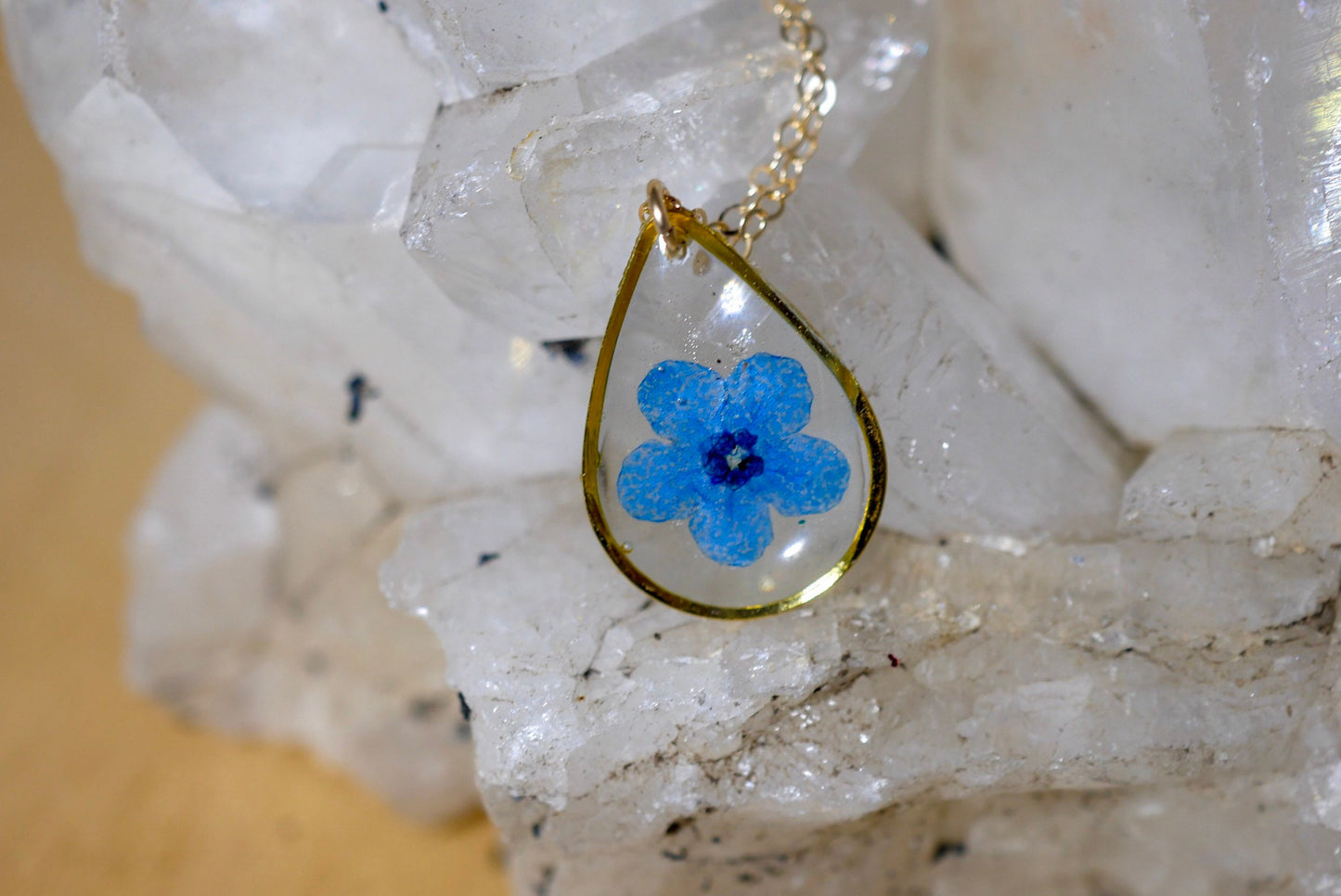 Forget me not teardrop necklace, dainty botanical jewelry, Memorial jewelry, Something blue brides charm, Real flower terrarium