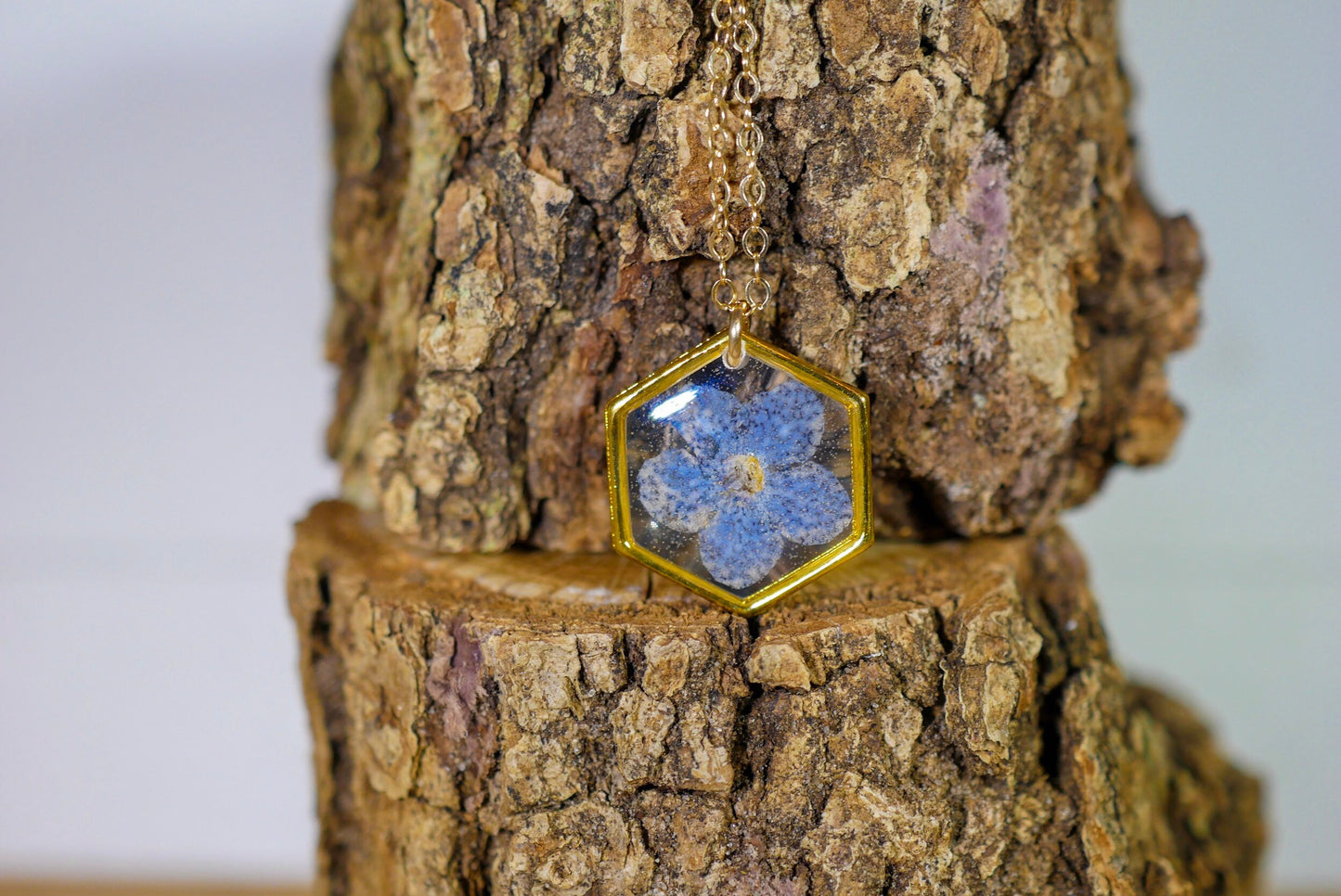 Tiny forget me not necklace, hexagon necklace, pressed flower jewelry, Memorial jewelry, Something blue brides charm, Real flower terrarium