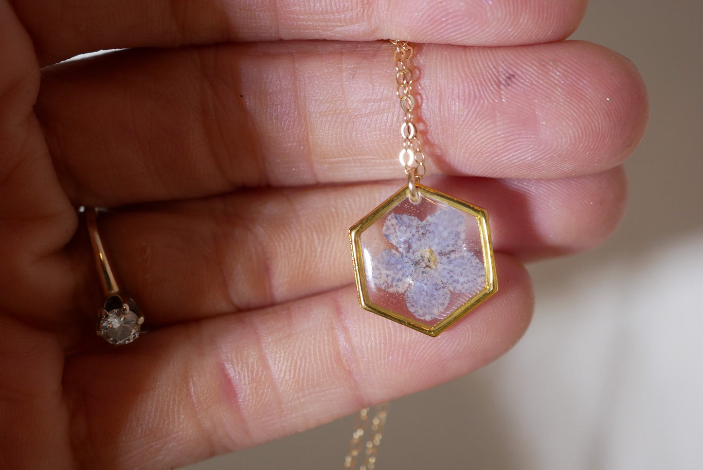 Tiny forget me not necklace, hexagon necklace, pressed flower jewelry, Memorial jewelry, Something blue brides charm, Real flower terrarium