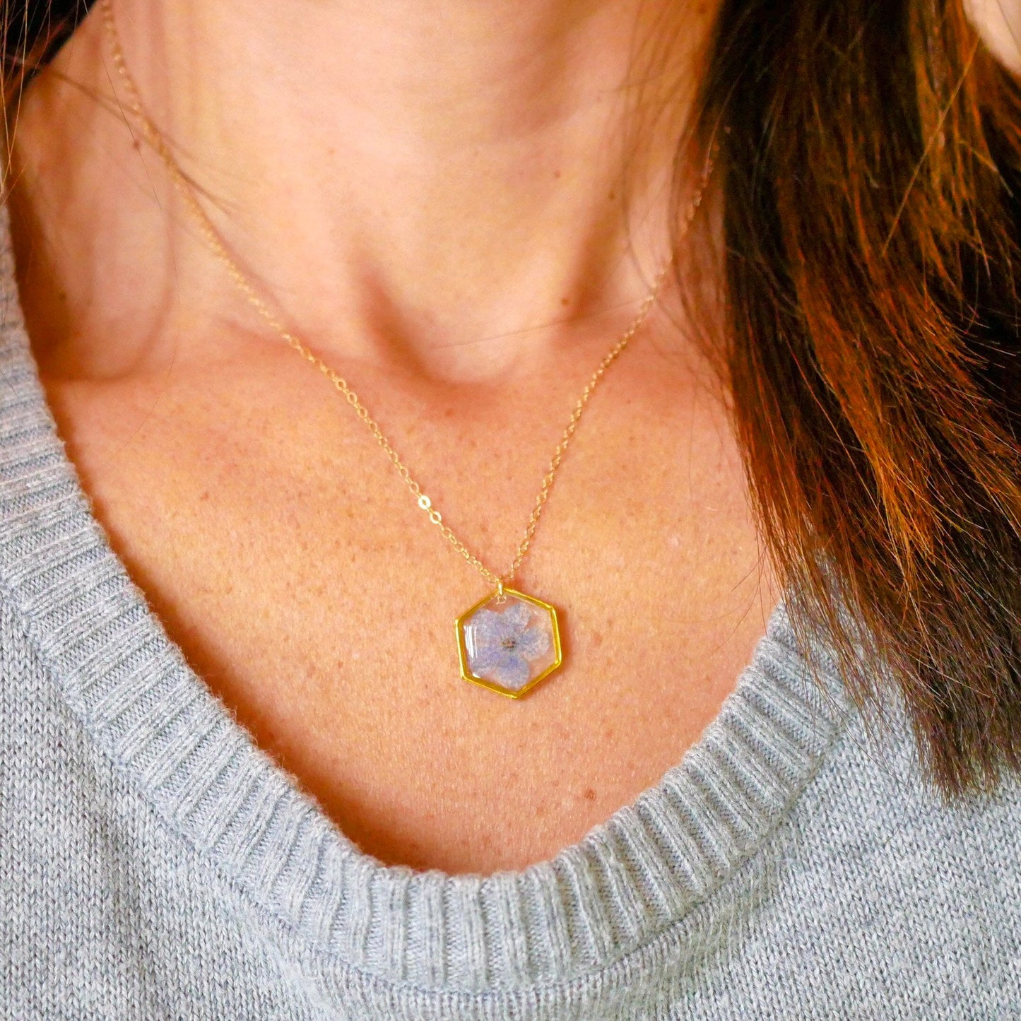 Tiny forget me not necklace, hexagon necklace, pressed flower jewelry, Memorial jewelry, Something blue brides charm, Real flower terrarium