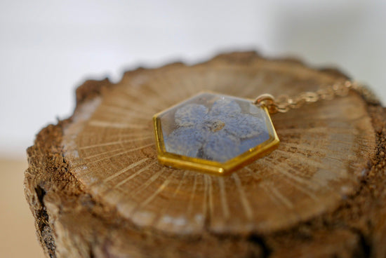 Tiny forget me not necklace, hexagon necklace, pressed flower jewelry, Memorial jewelry, Something blue brides charm, Real flower terrarium