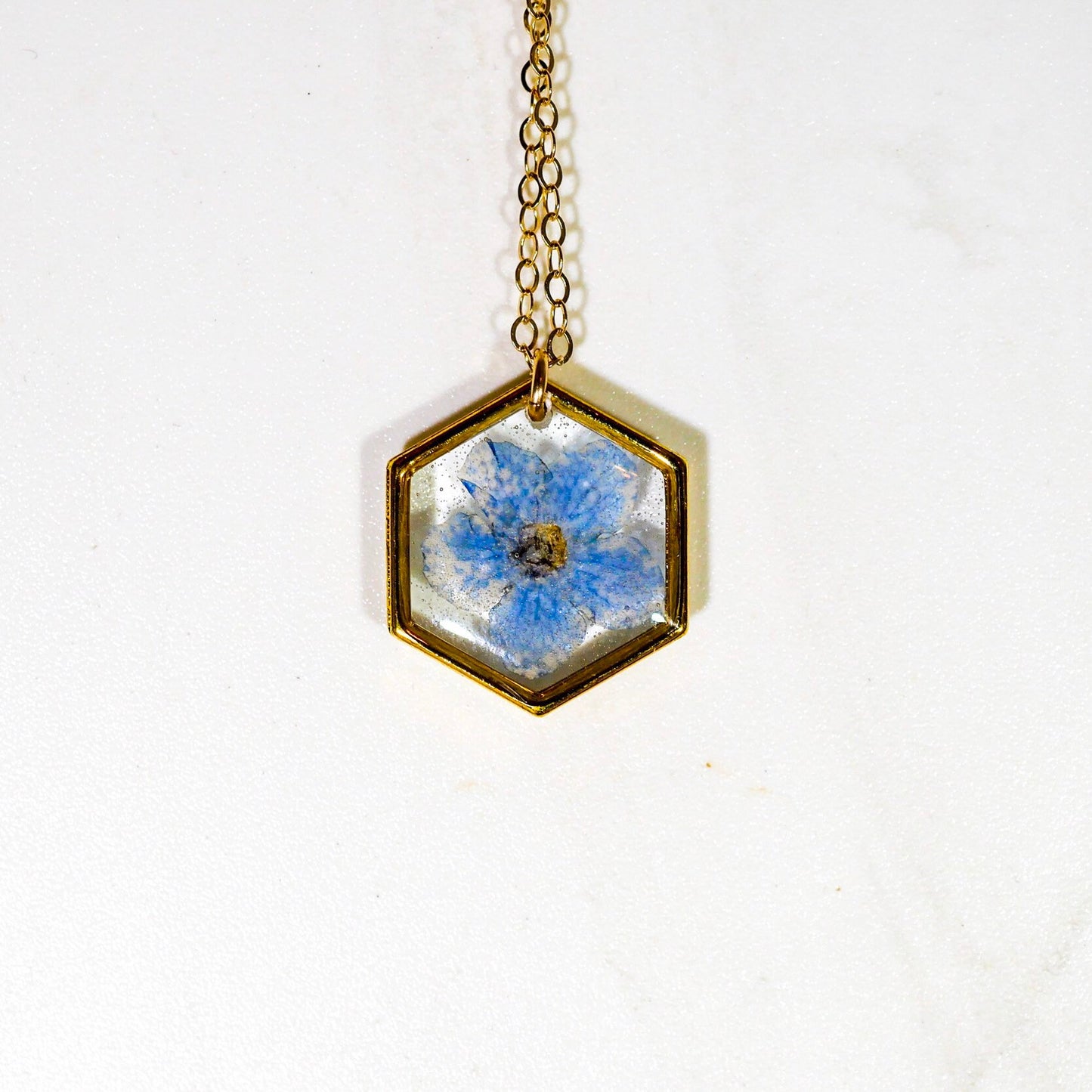 Tiny forget me not necklace, hexagon necklace, pressed flower jewelry, Memorial jewelry, Something blue brides charm, Real flower terrarium