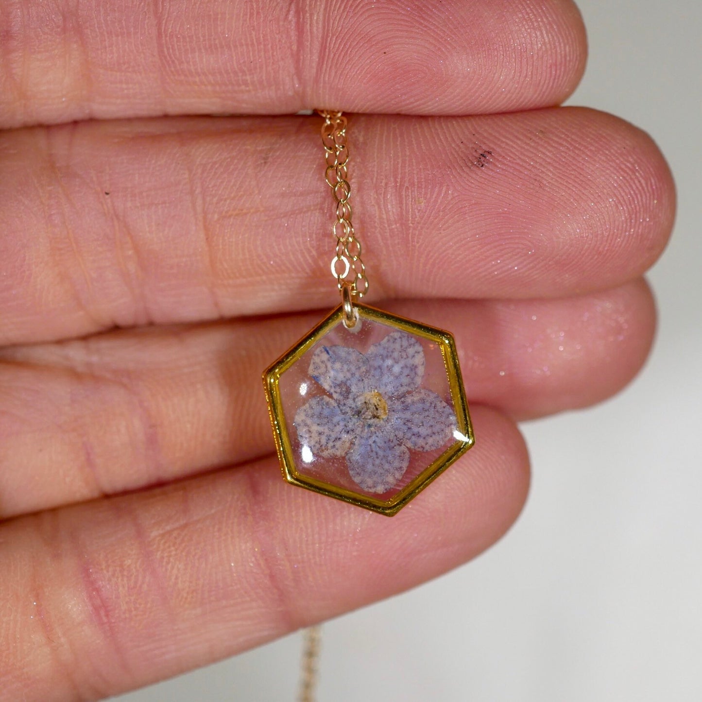 Tiny forget me not necklace, hexagon necklace, pressed flower jewelry, Memorial jewelry, Something blue brides charm, Real flower terrarium