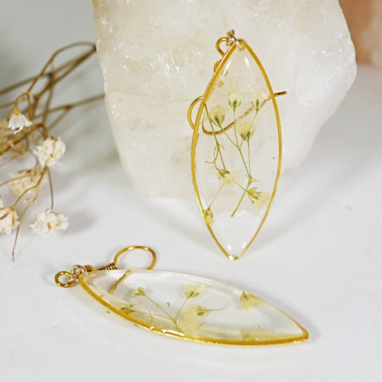 Ellipse Terrarium Earrings: Pressed Babys Breath (Gold Plated Brass)
