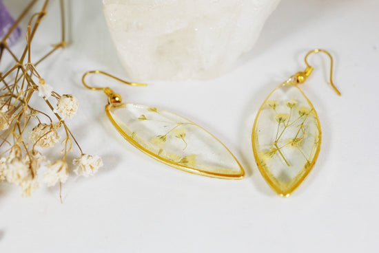 Real Babys breath earrings, Pressed flower earrings, botanical wedding dangles, Ellipse terrarium earrings