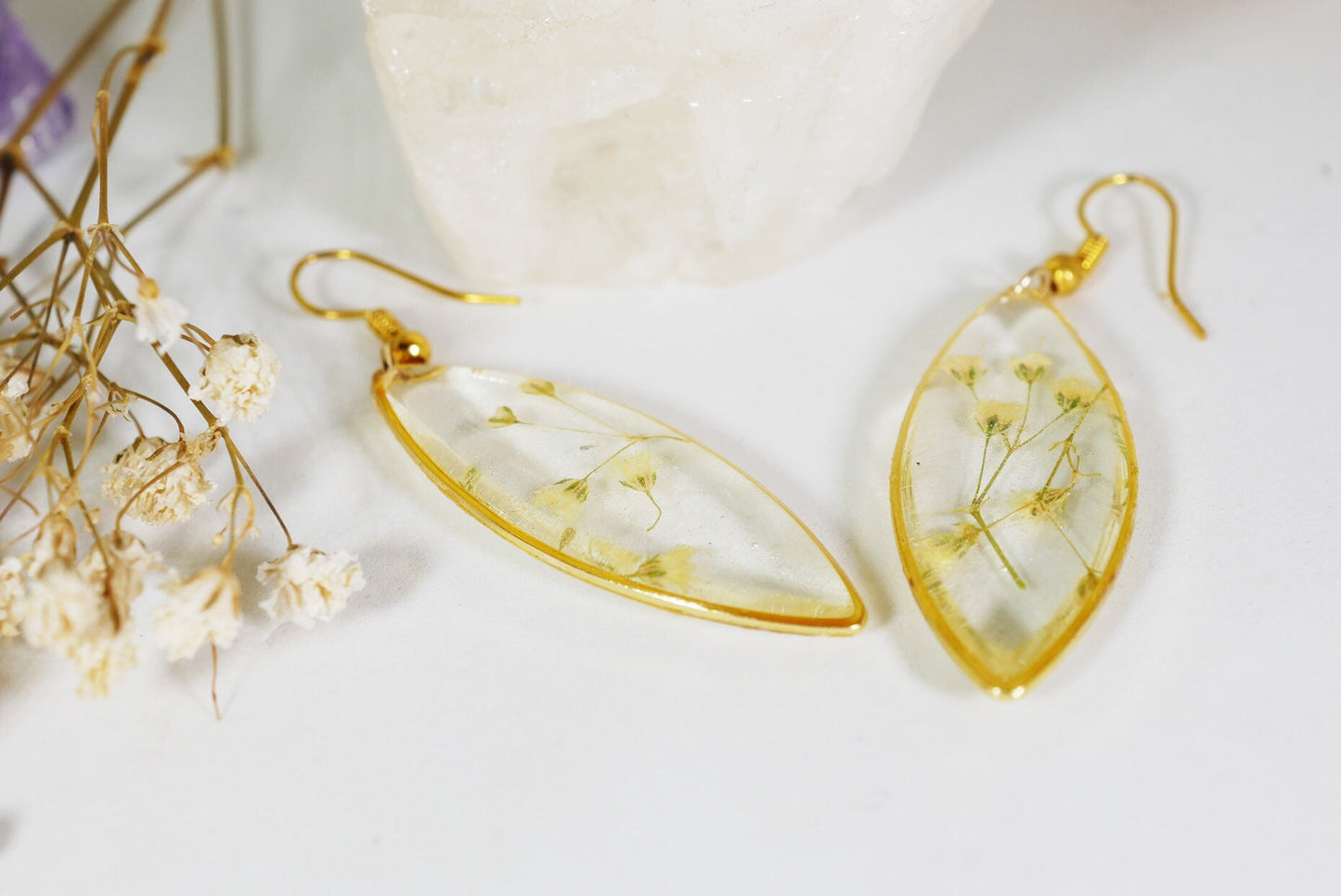 Ellipse Terrarium Earrings: Pressed Babys Breath (Gold Plated Brass)