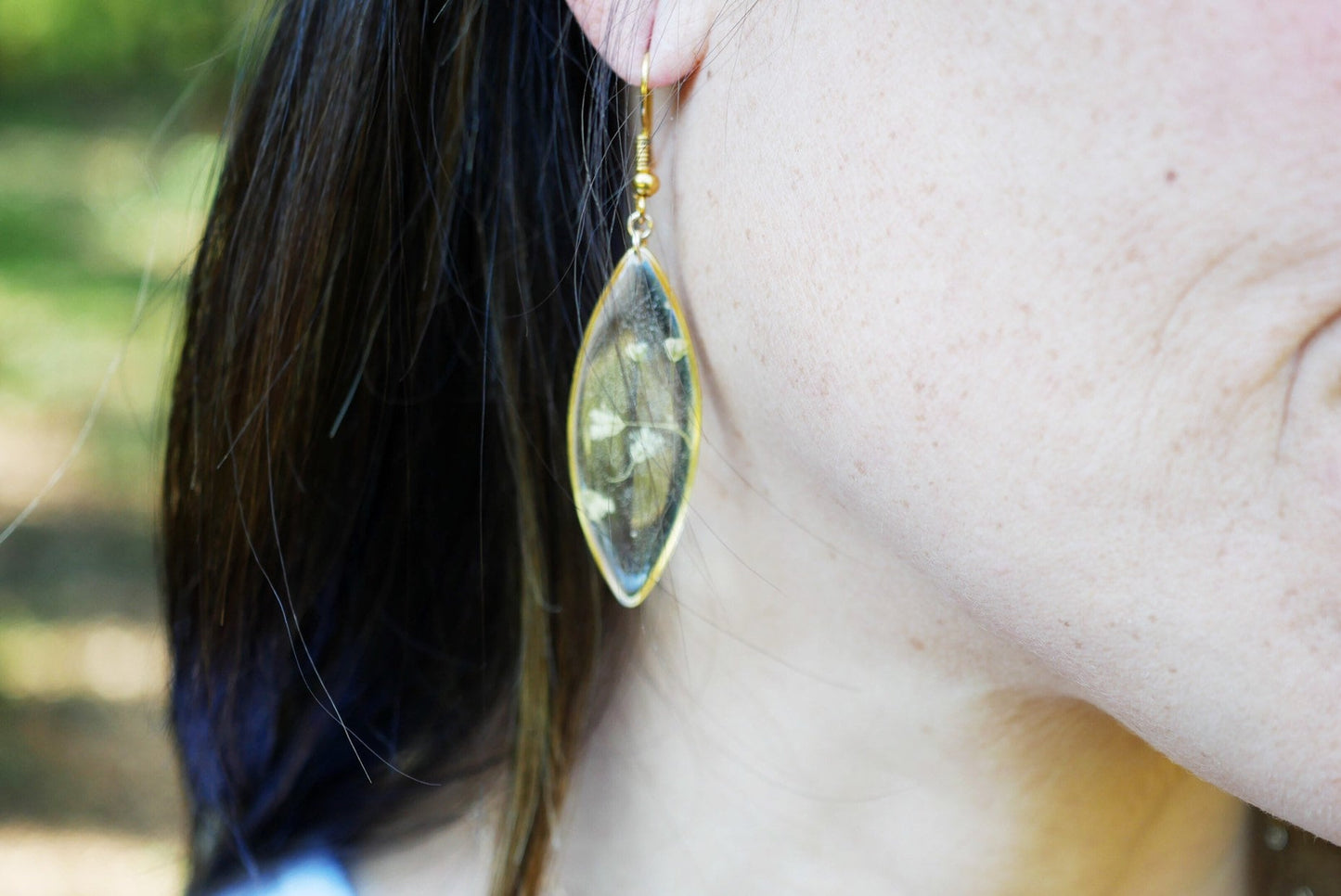 Ellipse Terrarium Earrings: Pressed Babys Breath (Gold Plated Brass)
