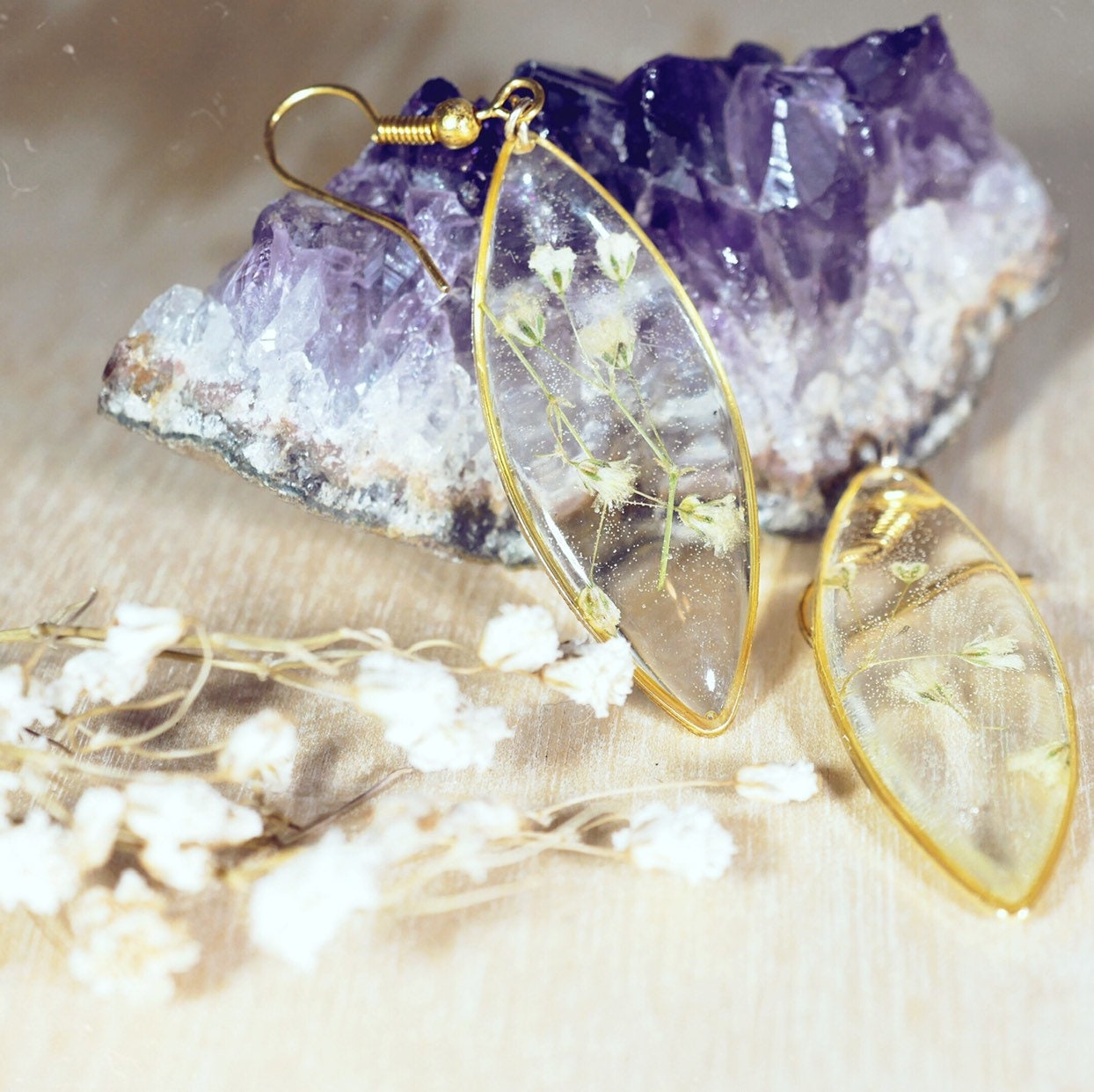 Ellipse Terrarium Earrings: Pressed Babys Breath (Gold Plated Brass)