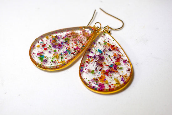 Large Flower confetti tear drop earrings, pressed flower jewelry, bright flower statement dangle earrings, real flower earrings
