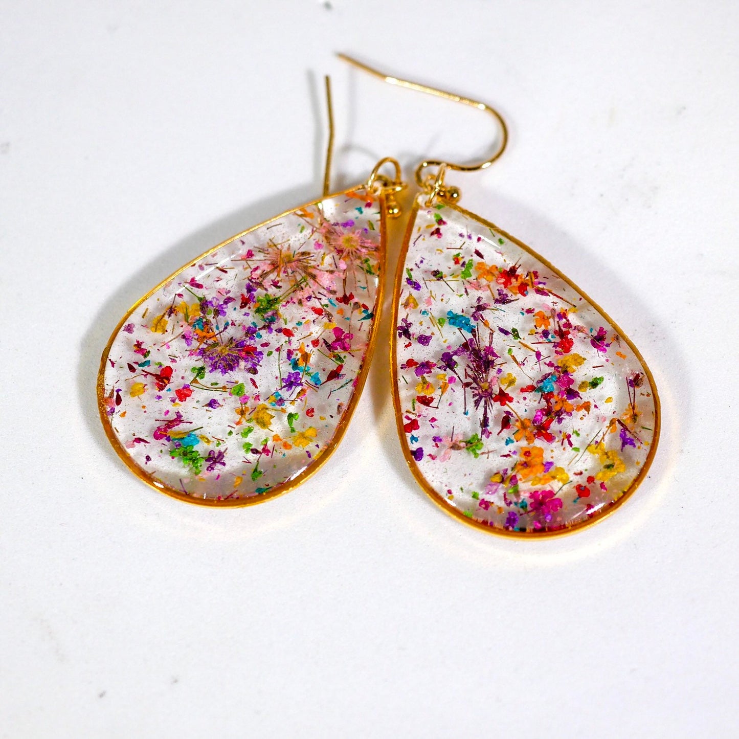 Large Flower confetti tear drop earrings, pressed flower jewelry, bright flower statement dangle earrings, real flower earrings