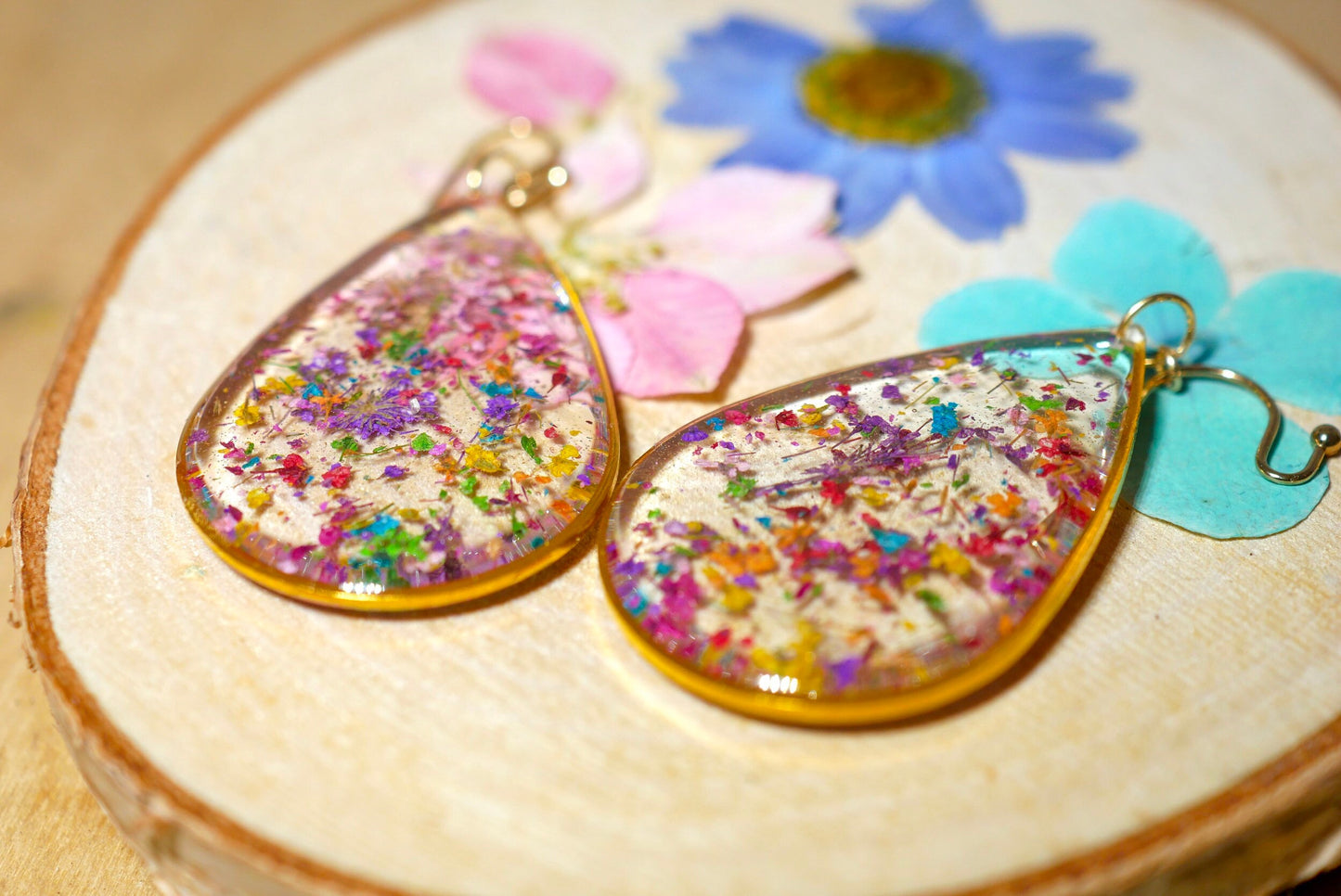 Large Flower confetti tear drop earrings, pressed flower jewelry, bright flower statement dangle earrings, real flower earrings