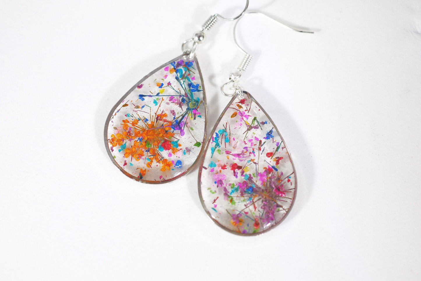 Flower confetti teardrop earrings, pressed flower jewelry, bright flower dangle earrings, real flower earrings