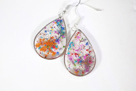 Flower confetti teardrop earrings, pressed flower jewelry, bright flower dangle earrings, real flower earrings